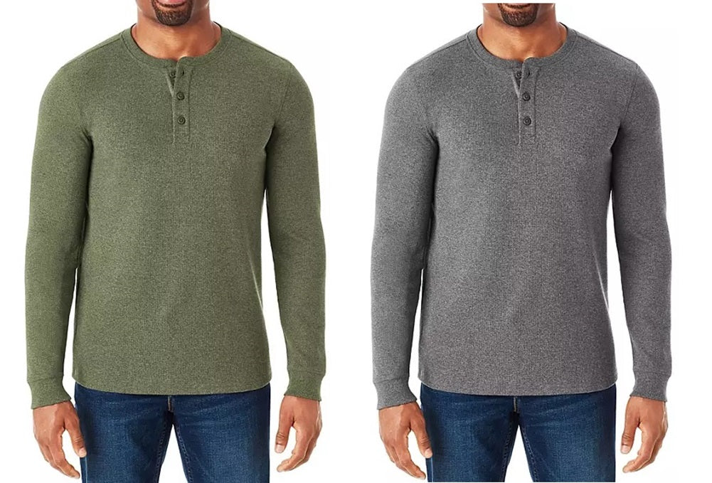Member's Mark Men's Long Sleeve LARGE Thermal Henley Green/Grey 2-Pack