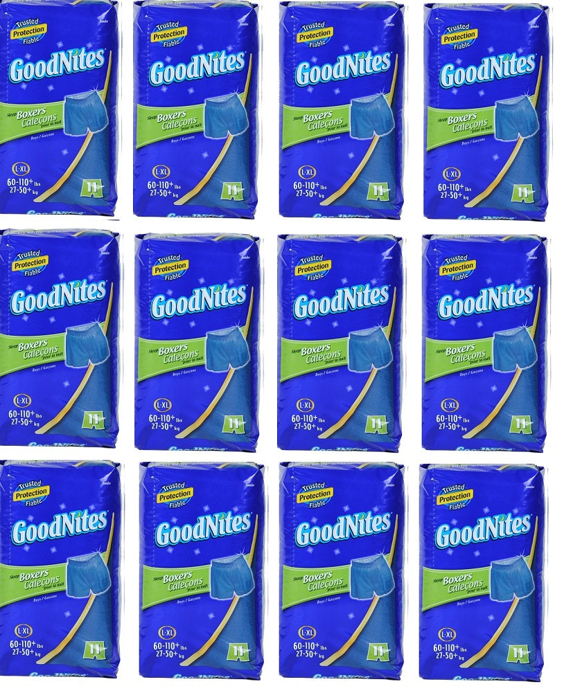 Goodnites sleep boxers lg xl boys 60 to 110 pounds 12 bags of 11 per case 132 total