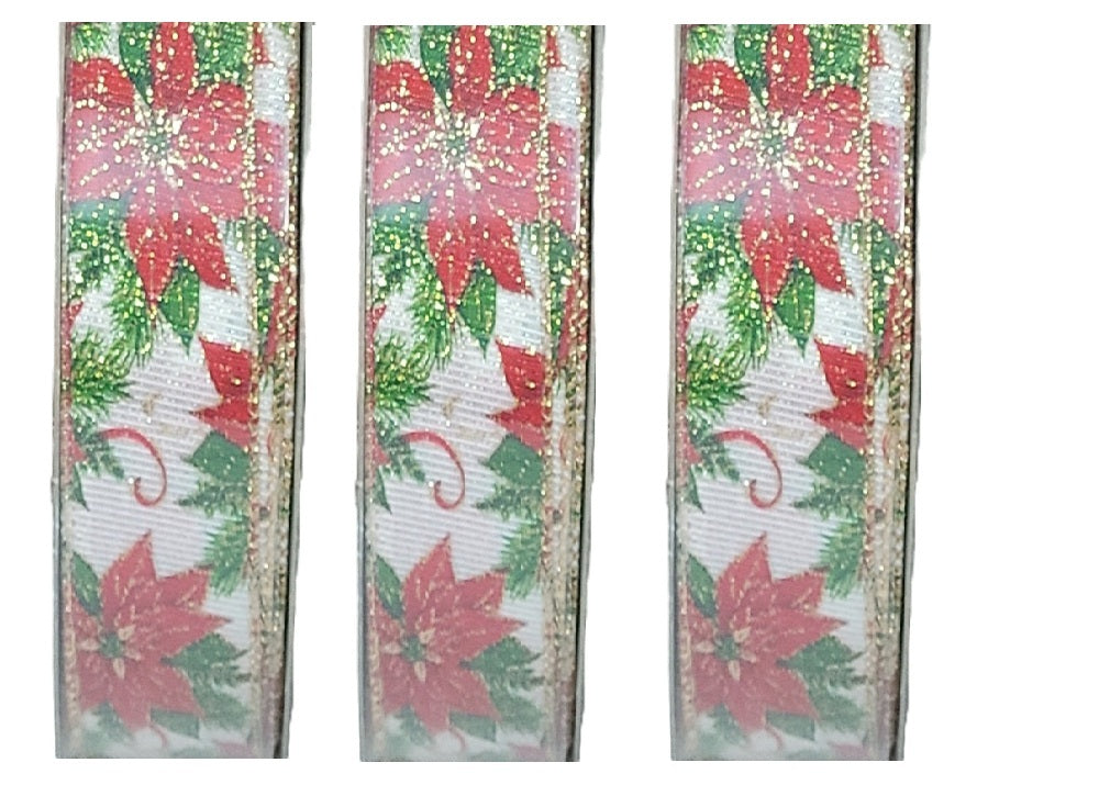 3PK- Kirkland Wire Edged Poinsettia Ribbon with Gold Glitter Accents 50 yd X 1.5 in