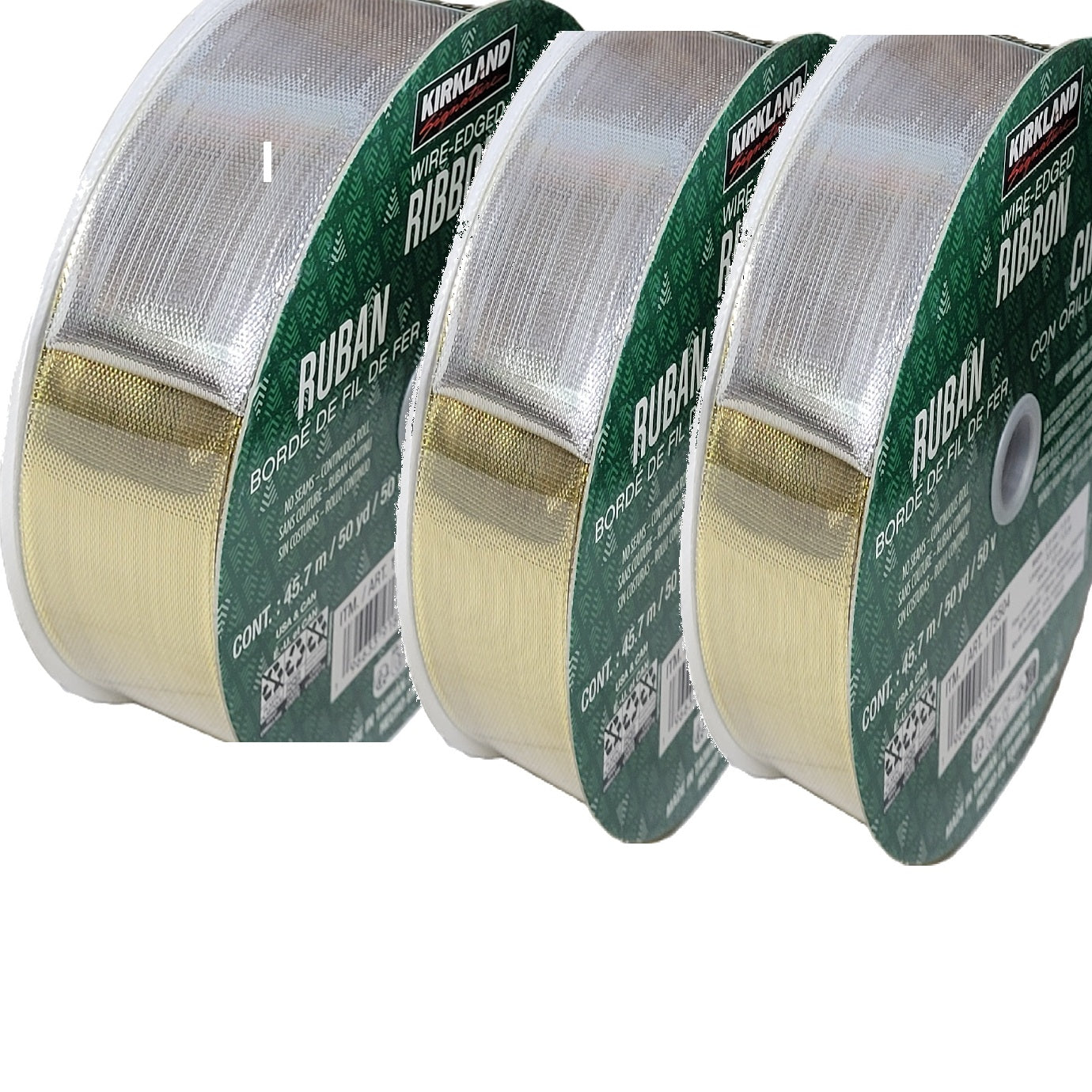 3pk-Kirkland Wire Edged Double-Sided Gold and Silver Metallic Ribbon 50yd X 1.5in