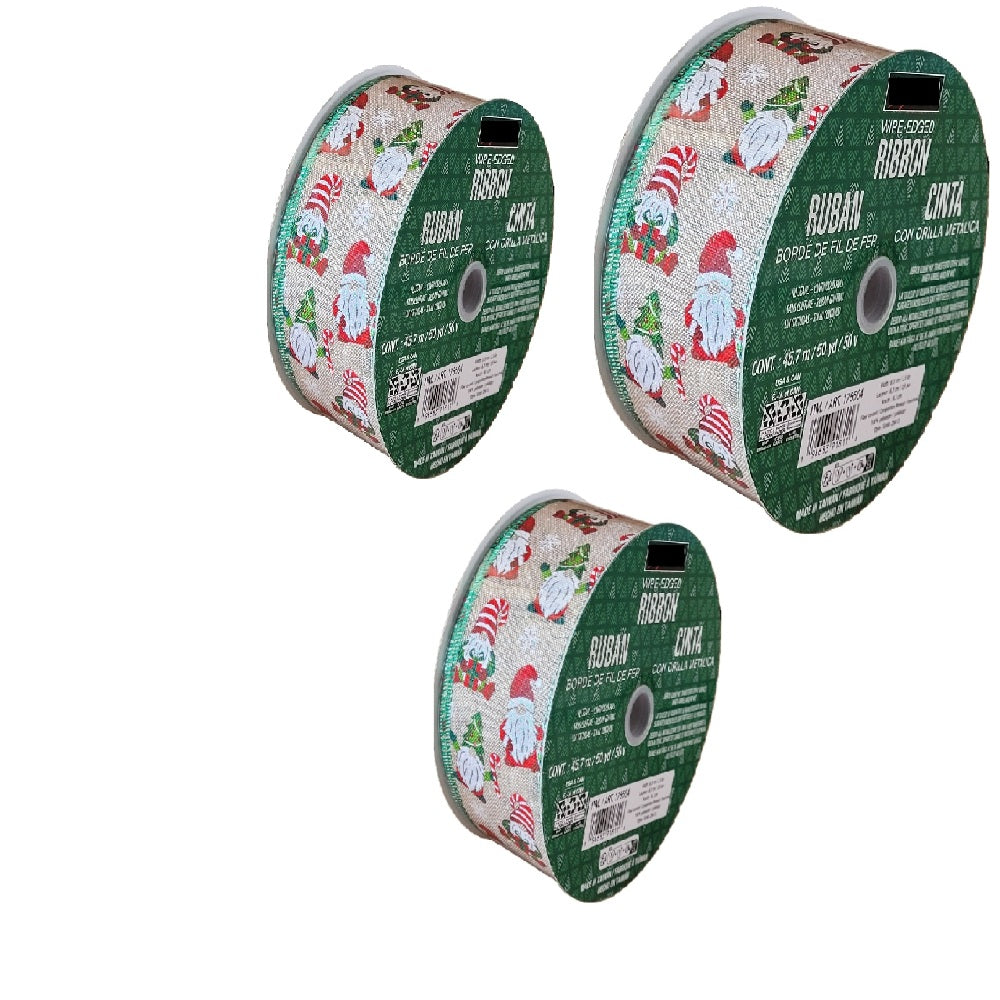 3pk-Kirkland Wire Edged Christmas Gnome Burlap Ribbon 50yards X 2.5inch