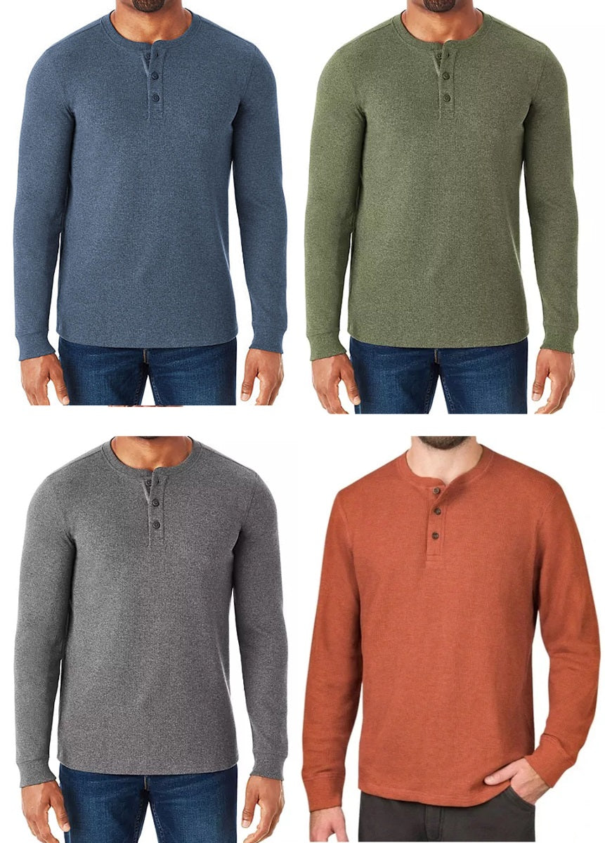 Member's Mark Men's Long Sleeve LARGE Thermal Henley Rust/Green/Blue/Grey 4-Pack