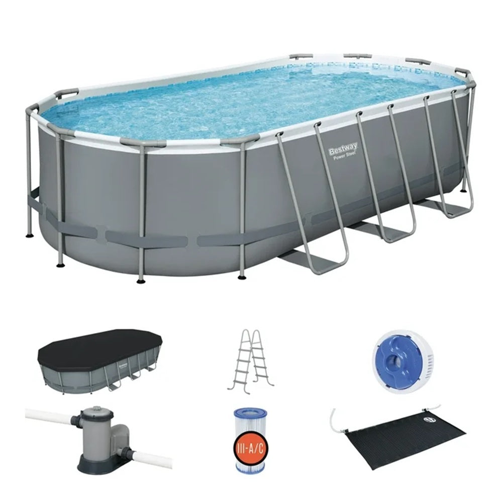 Bestway 561CDE Power Steel 18FT x 9FT x 48IN Oval Above Ground Swimming Pool Set