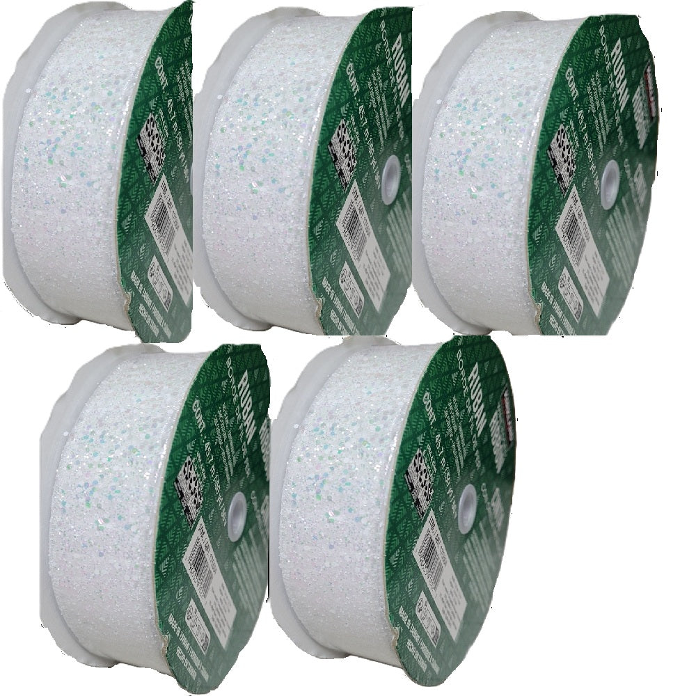 5pk-Kirkland Wire Edged White Sheer Ribbon with Glitter Accents 50 yd X 1.5 in