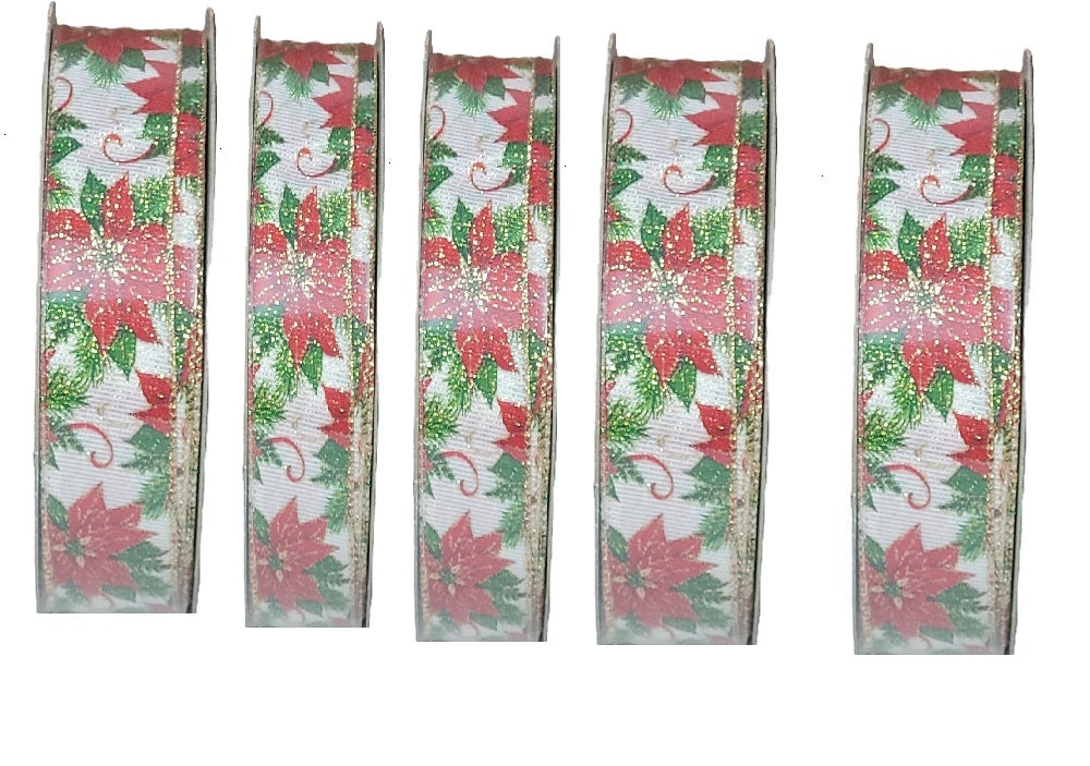 Kirkland Wir5pk-Edged Poinsettia Ribbon with Gold Glitter Accents 50 yd X 1.5 in