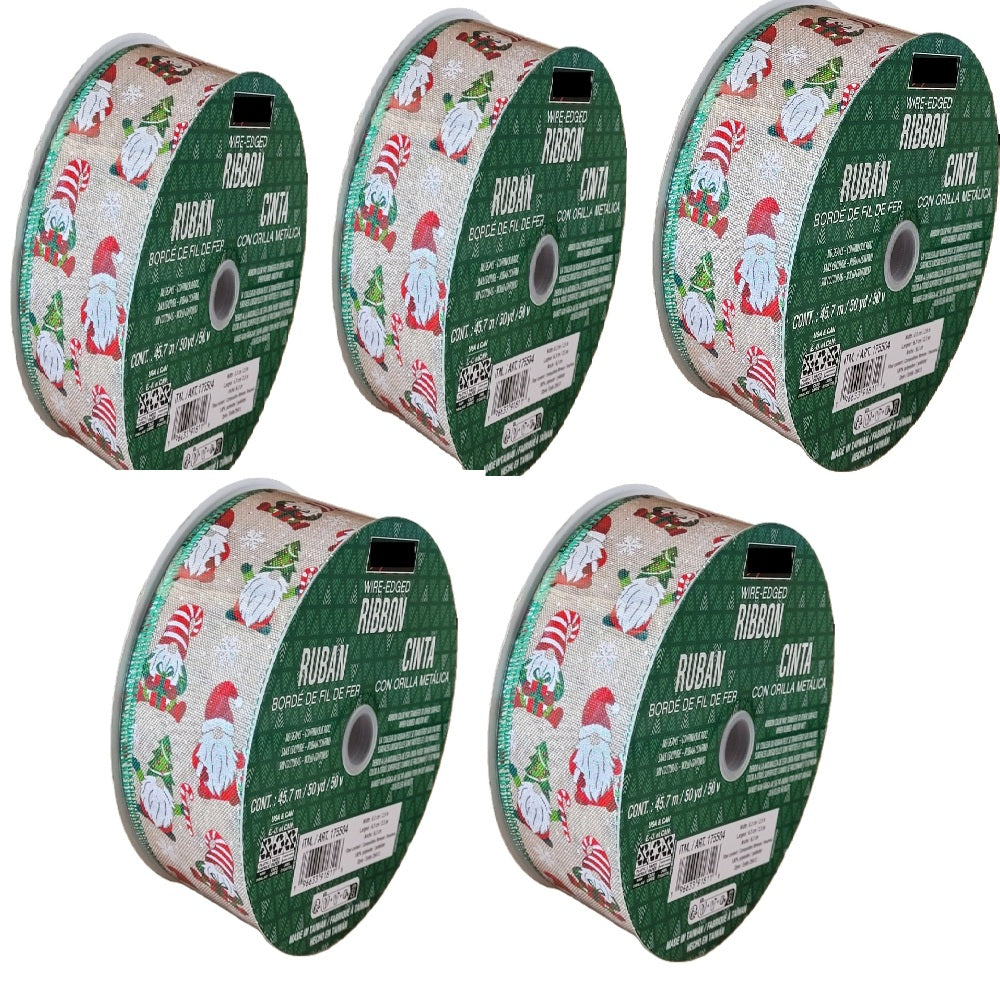 5pk-Kirkland Wire Edged Christmas Gnome Burlap Ribbon 50yards X 2.5inch