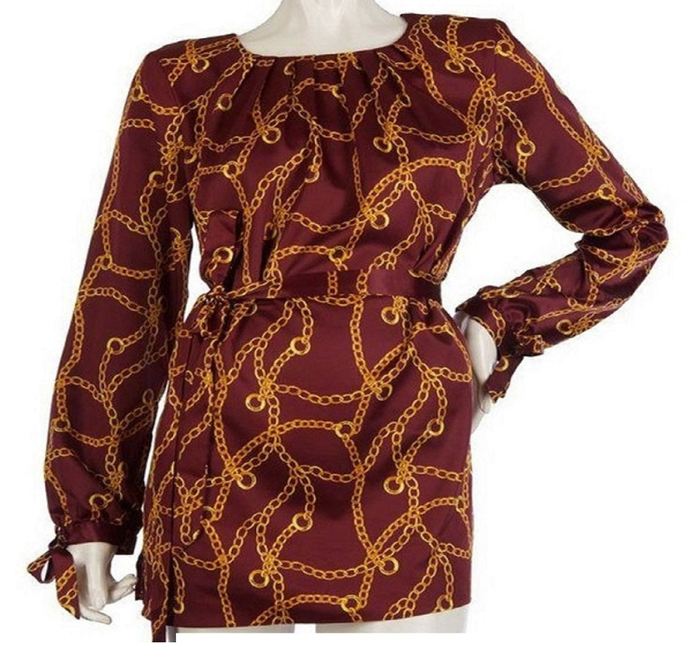 Dennis Basso Printed Charmeuse Tunic Self Belt Bordeaux, X-Small