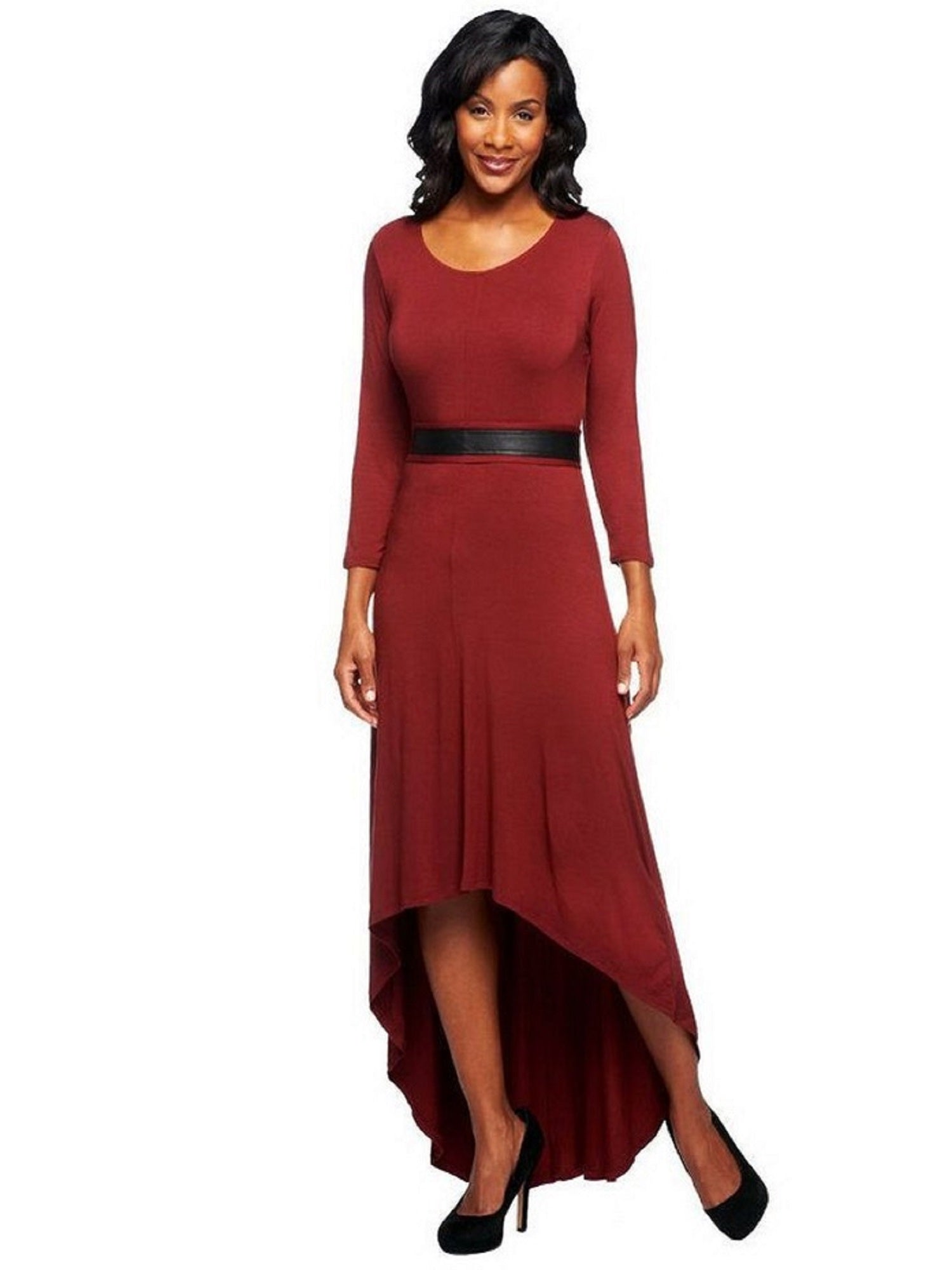 Lisa Rinna Belle Gray Hi-Low Hem Long Sleeve Maxi Dress, Wine, 1X