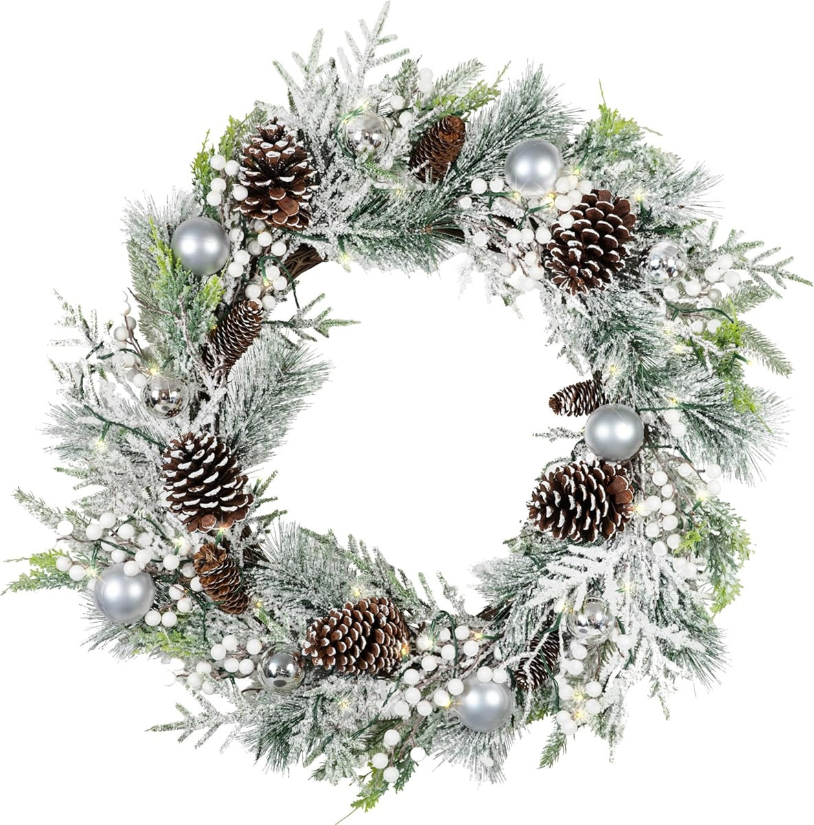 Red Co 30" Artificial Christmas Wreath Decorated Pine Cones LEDs Battery Silver