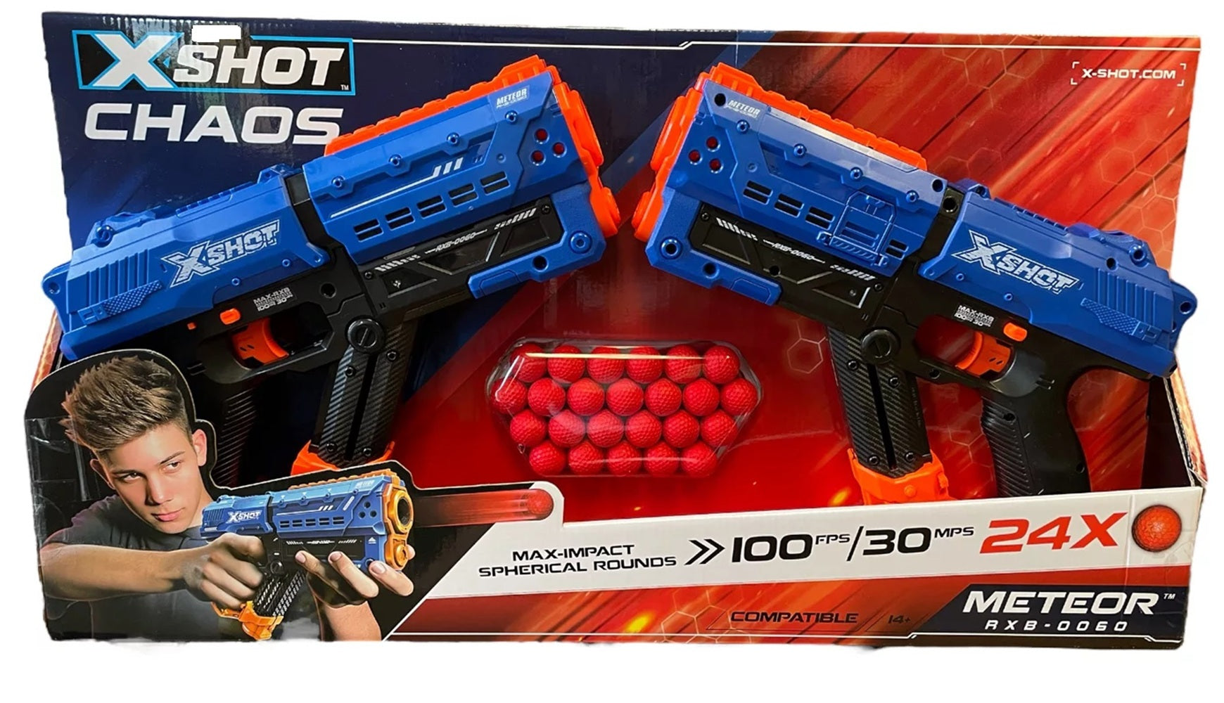 X-Shot-Dart Ball Blaster-Chaos Meteor 2 Blasters and 24 Spherical Rounds