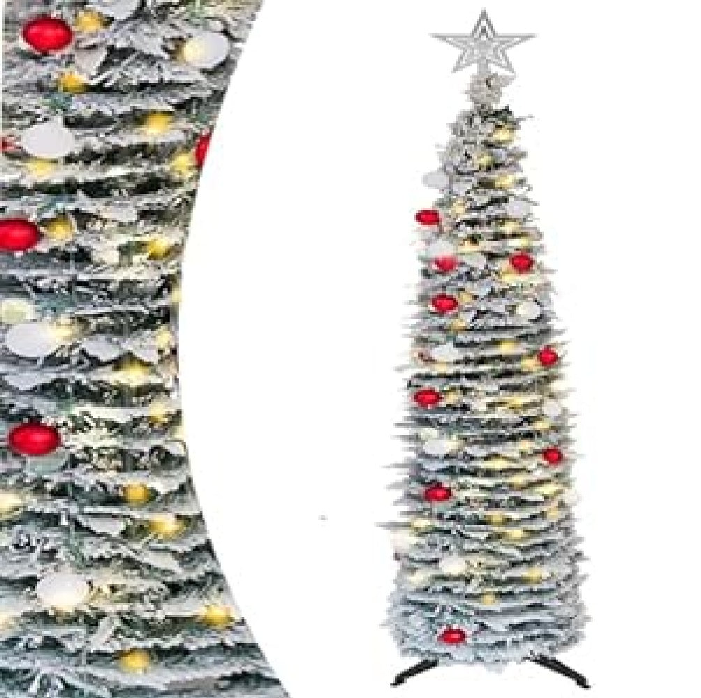 5-FT Pop Up Pre-Lit Snow-Flocked Artificial Pencil Christmas Tree Red/White Ornaments