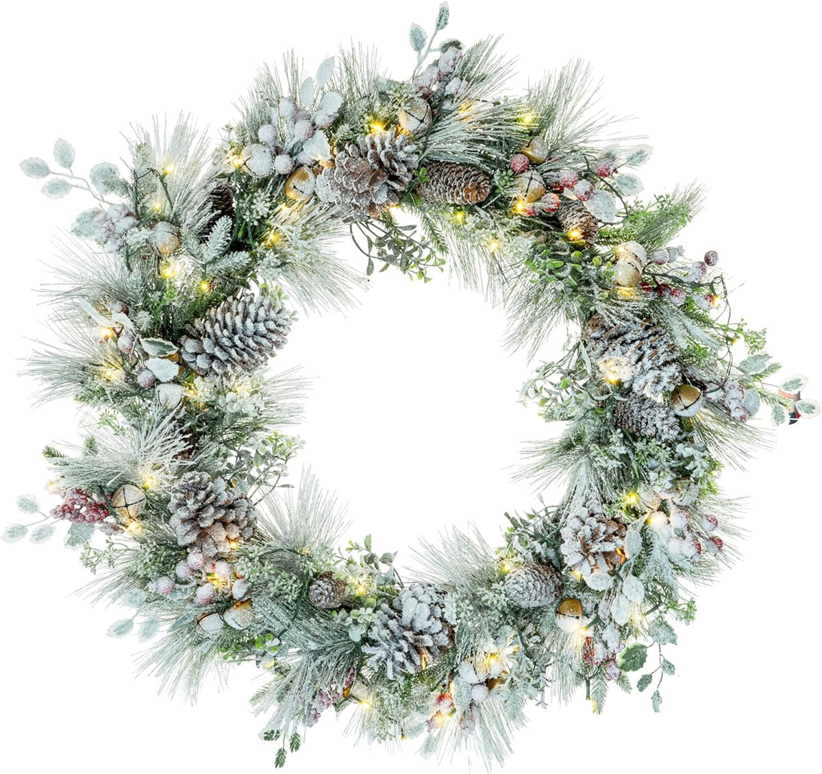 Red Co 30” Flocked Artificial Wreath Decorated Jingle Bells & LEDs Battery-Operated