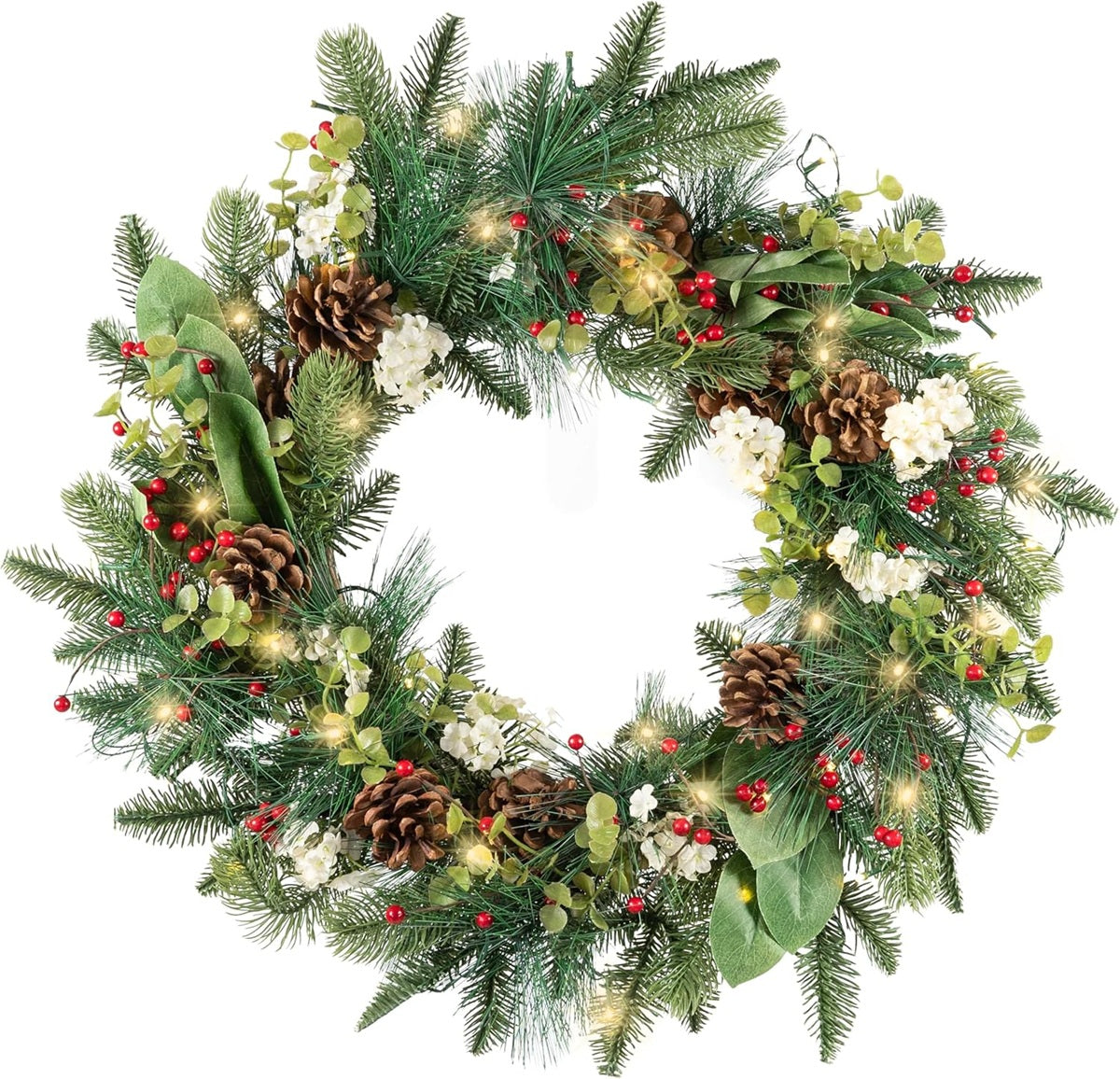 Red Co 26-inch Artificial Light-Up Decorated Christmas Wreath Battery-Operated