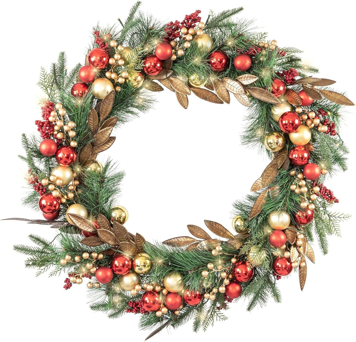 Red Co 30-inch Artificial Christmas Wreath Decorated LED Lights Battery Red/Gold