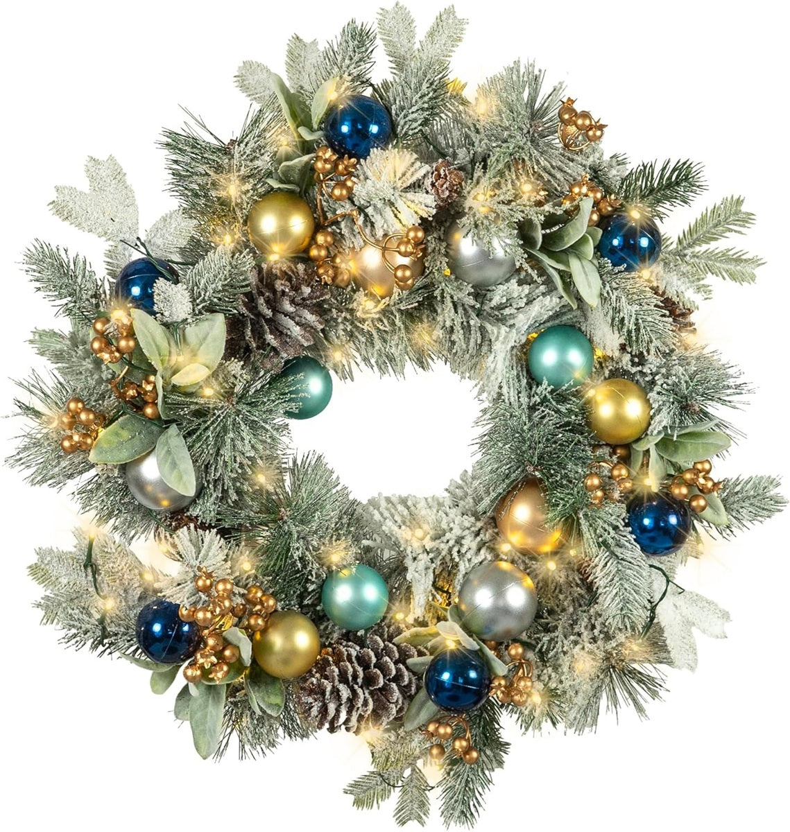 Red Co 30” Decorative Snow-Flocked Artificial Christmas Wreath Blue Ornaments LEDs