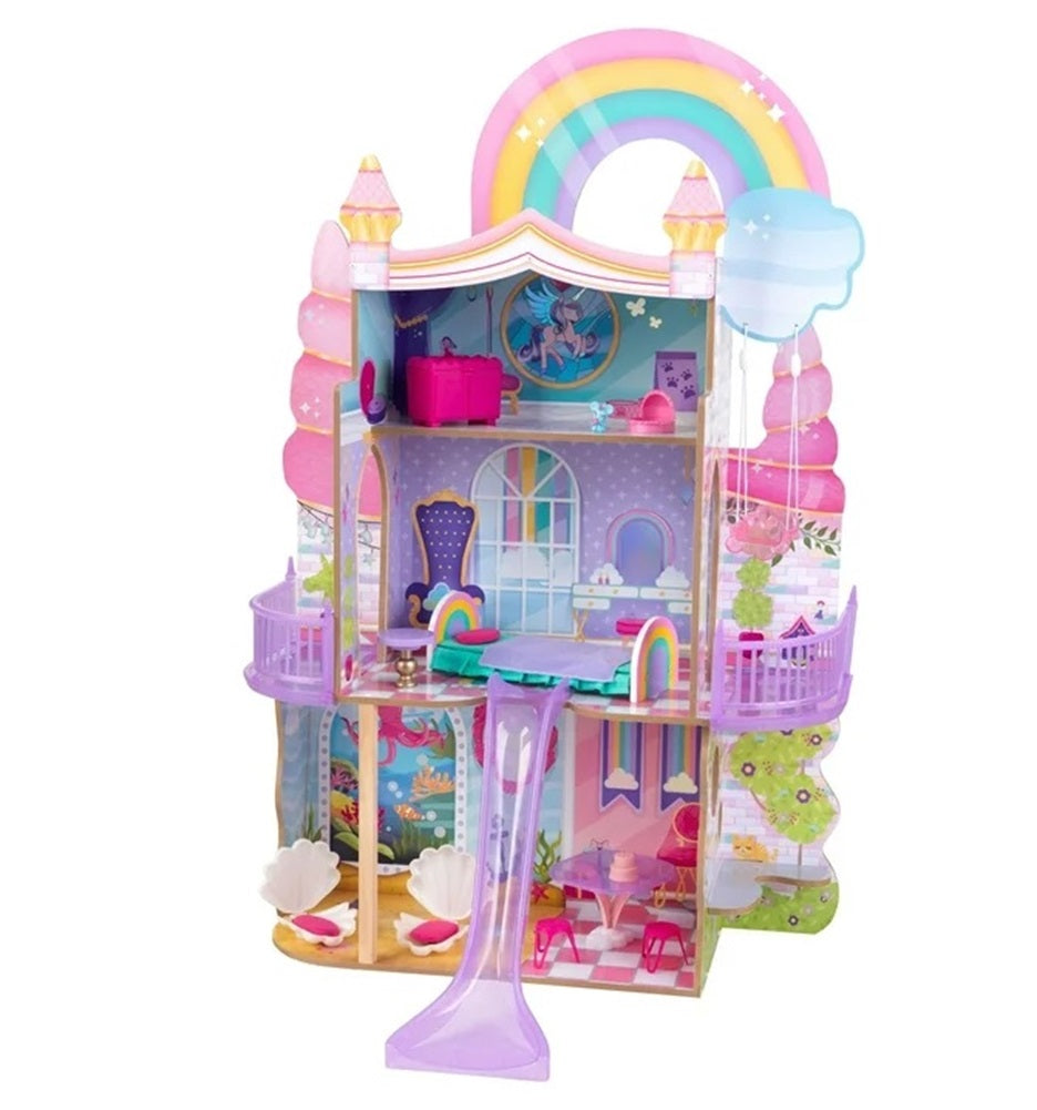 KidKraft Rainbow Dreamers Unicorn Mermaid Wooden Dollhouse with 15 Accessories