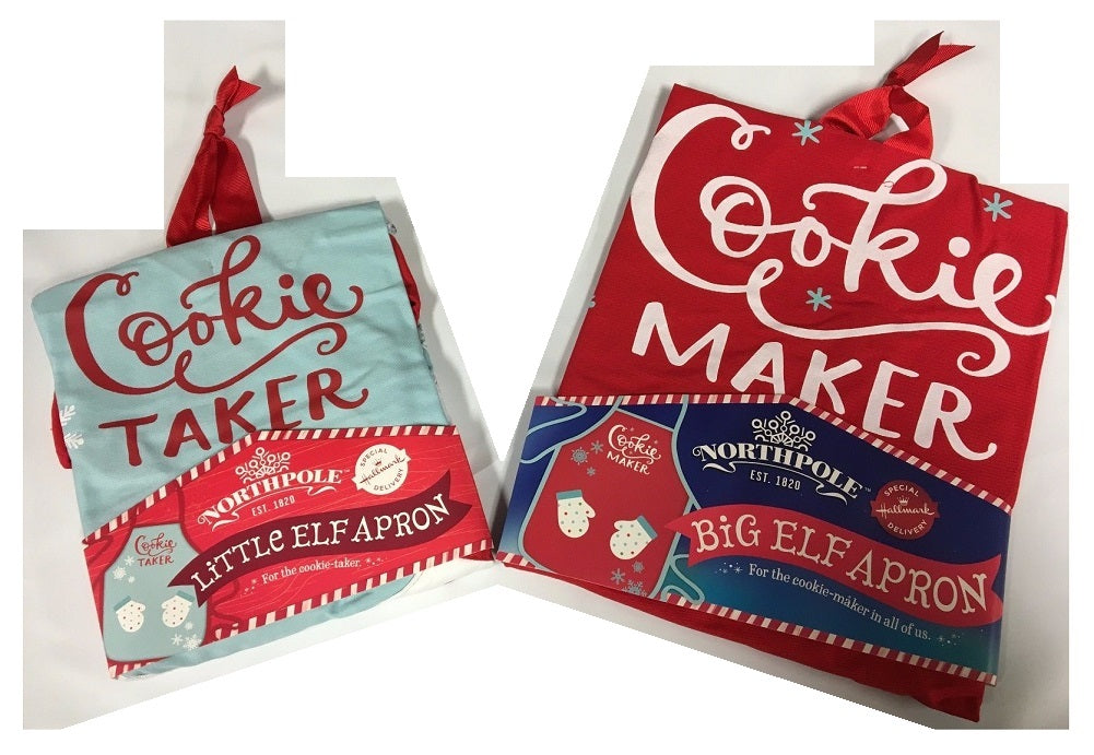 Hallmark North Pole Big Elf "Cookie Maker" & Little Elf "Cookie Taker" Apron ...