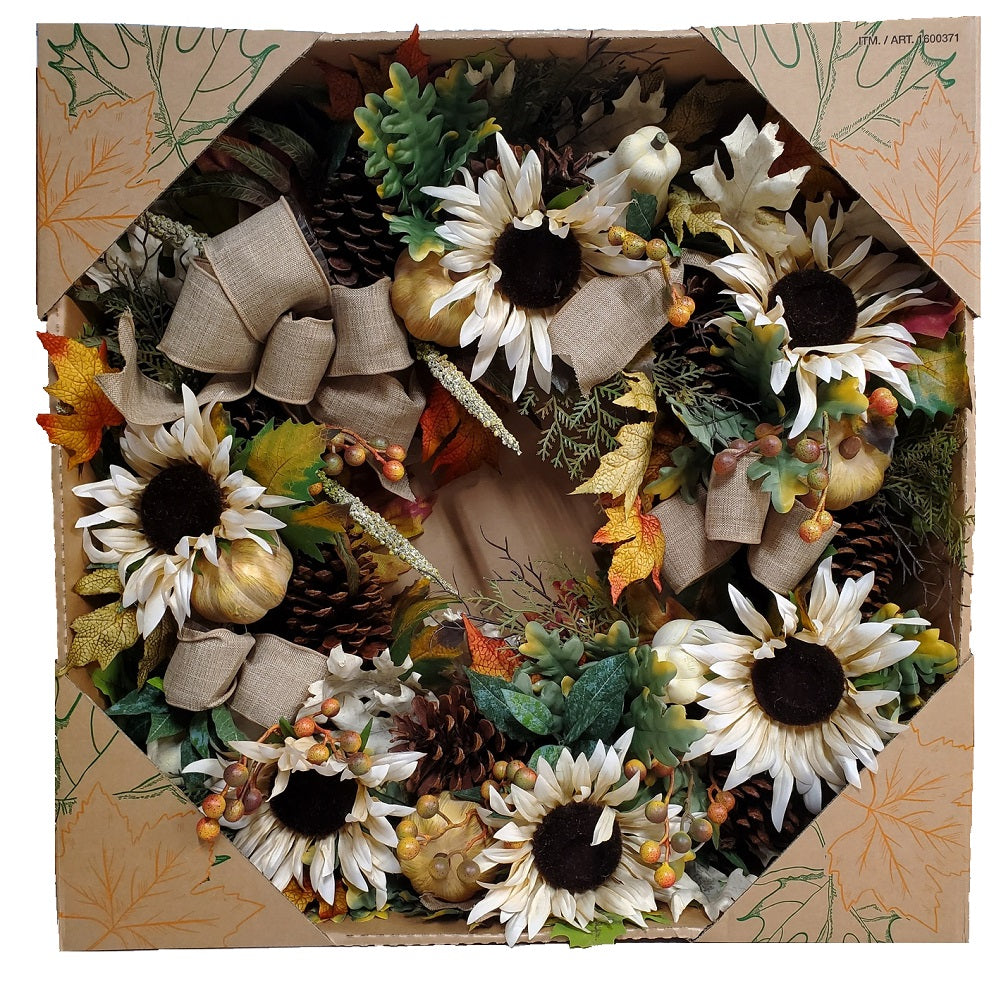 30-inch Fall Harvest Decorated Artificial Wreath with Cream Sunflowers