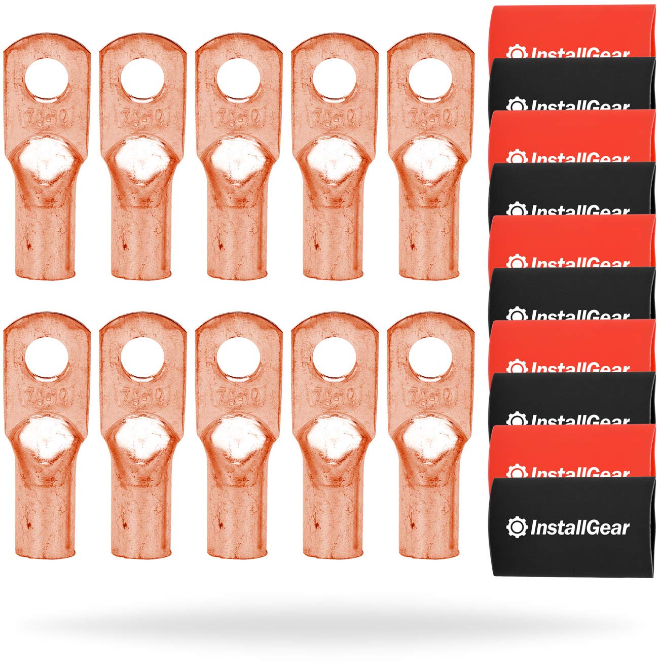 InstallGear 1/0 Gauge AWG Tinned Pure Copper Lug Ring Terminals Connectors 10-pack