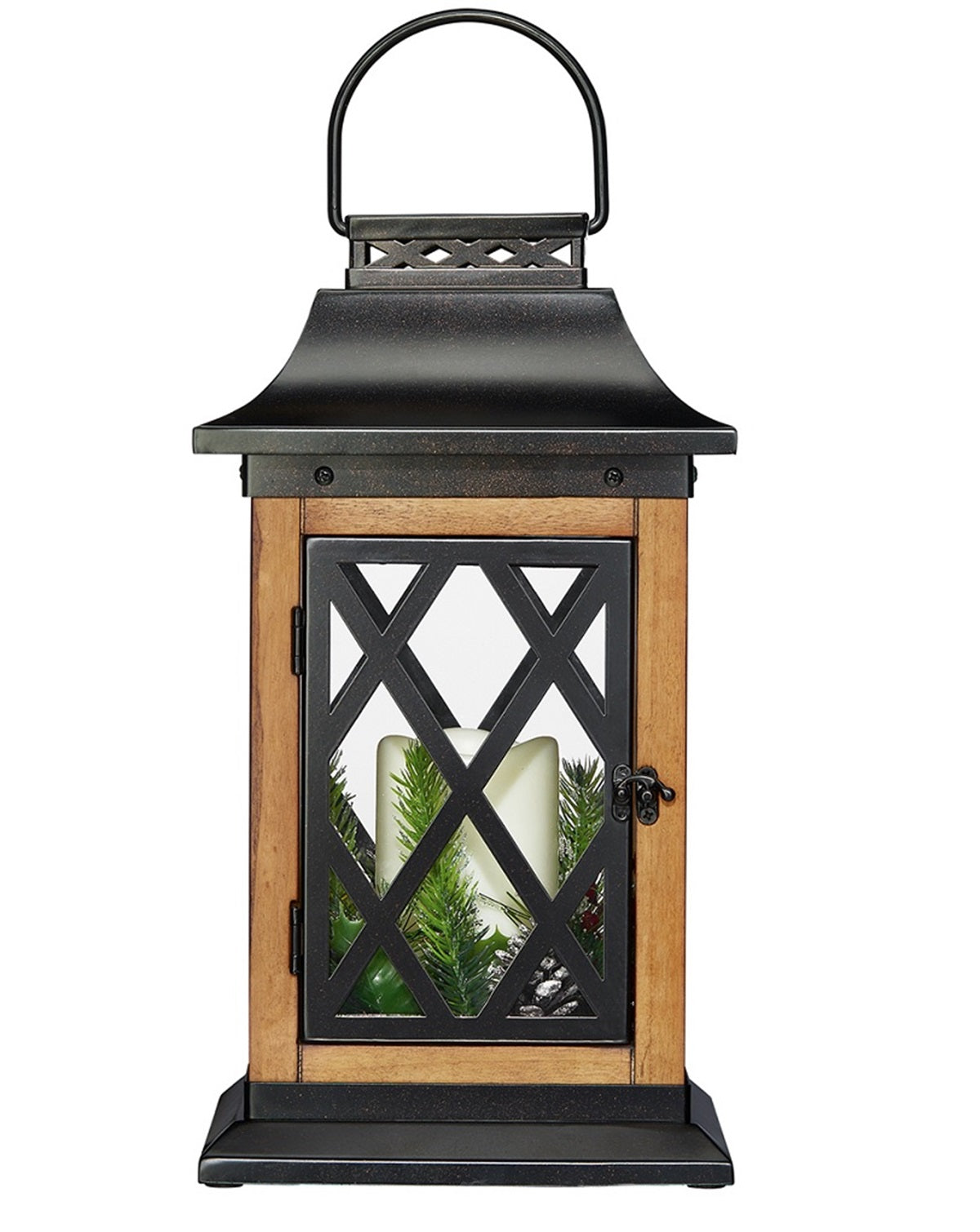 15 inch Decorative Wood and Metal Lantern with LED Flickering Candle