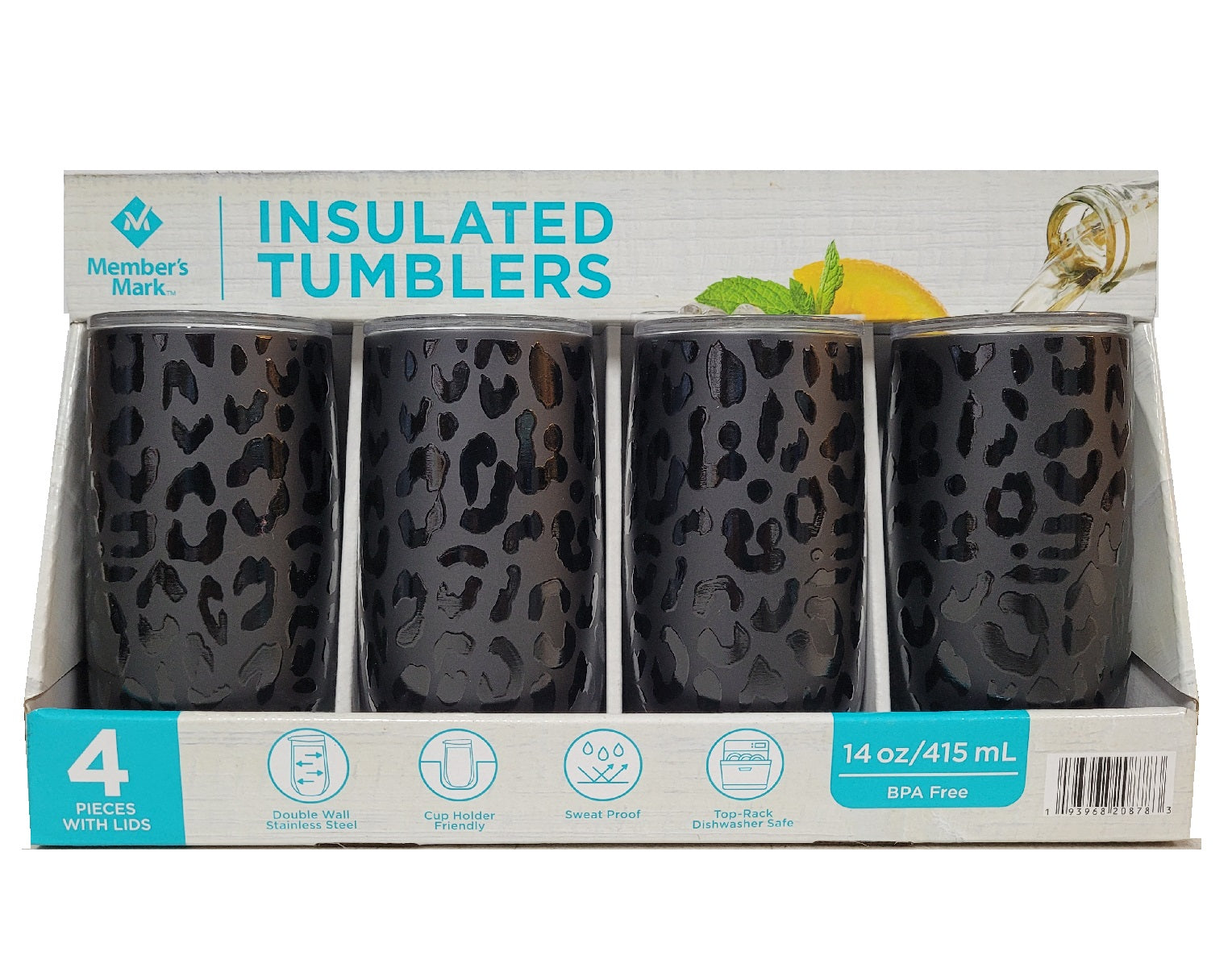 Member's Mark 14-oz Stainless Steel Insulated Tumblers with Lids 4-Pack Black Animal Print