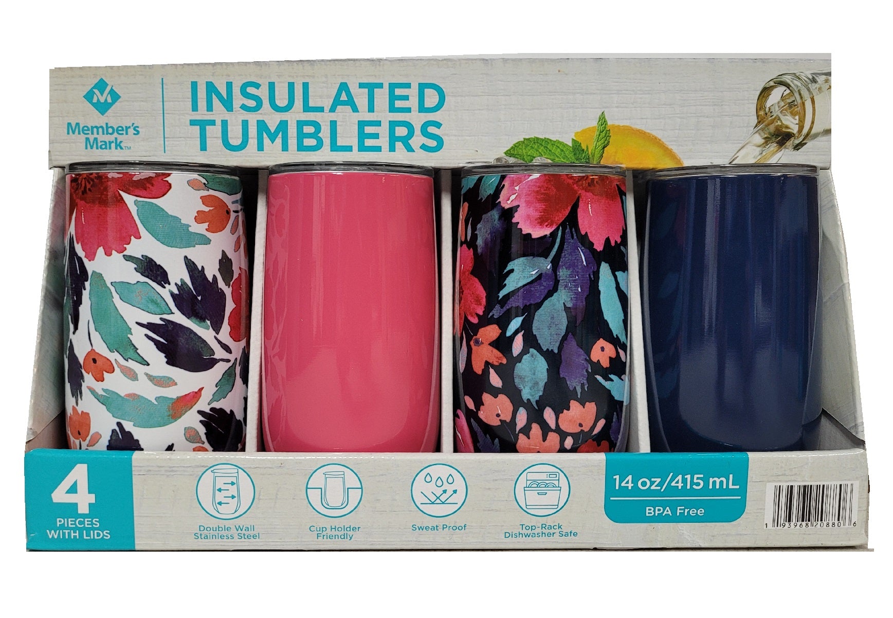 Member's Mark 14-oz Stainless Steel Insulated Tumblers with Lids 4-Pack Floral