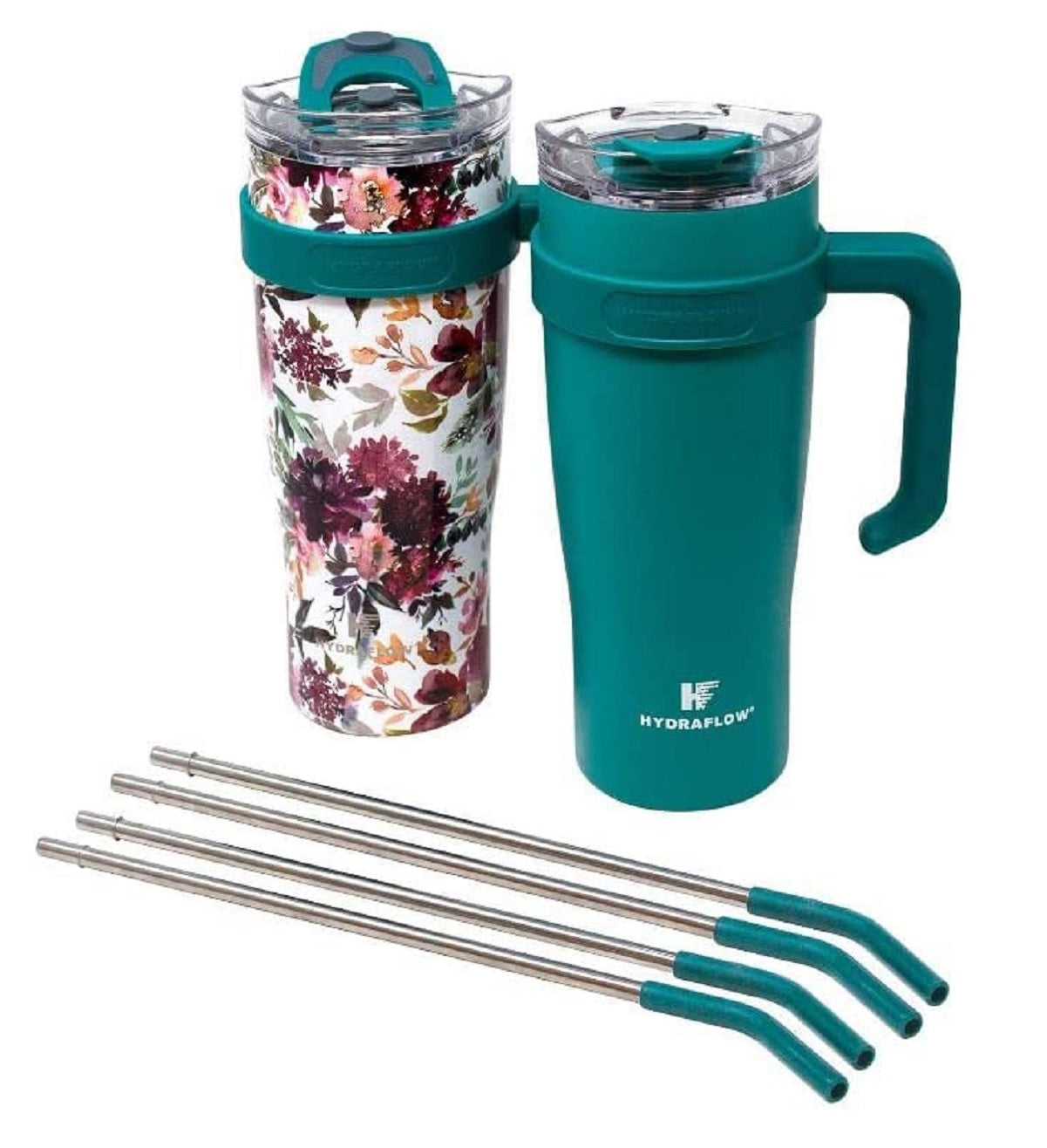 Hydraflow 40-oz Double Wall Stainless Steel Tumbler w/ Handle Teal/Floral 2-Pack