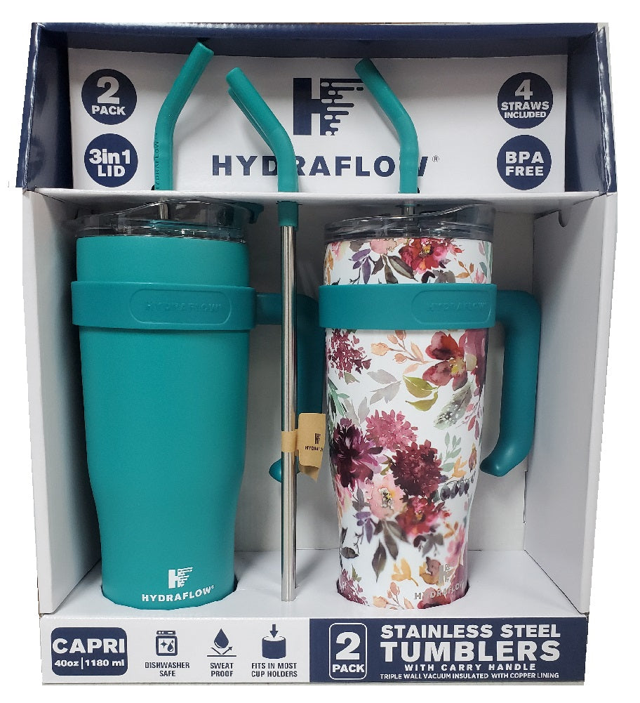 Hydraflow 40-Ounce Double Wall Stainless Steel Tumbler with Handle, 2 Pack  (Assorted Colors) - Sam's Club