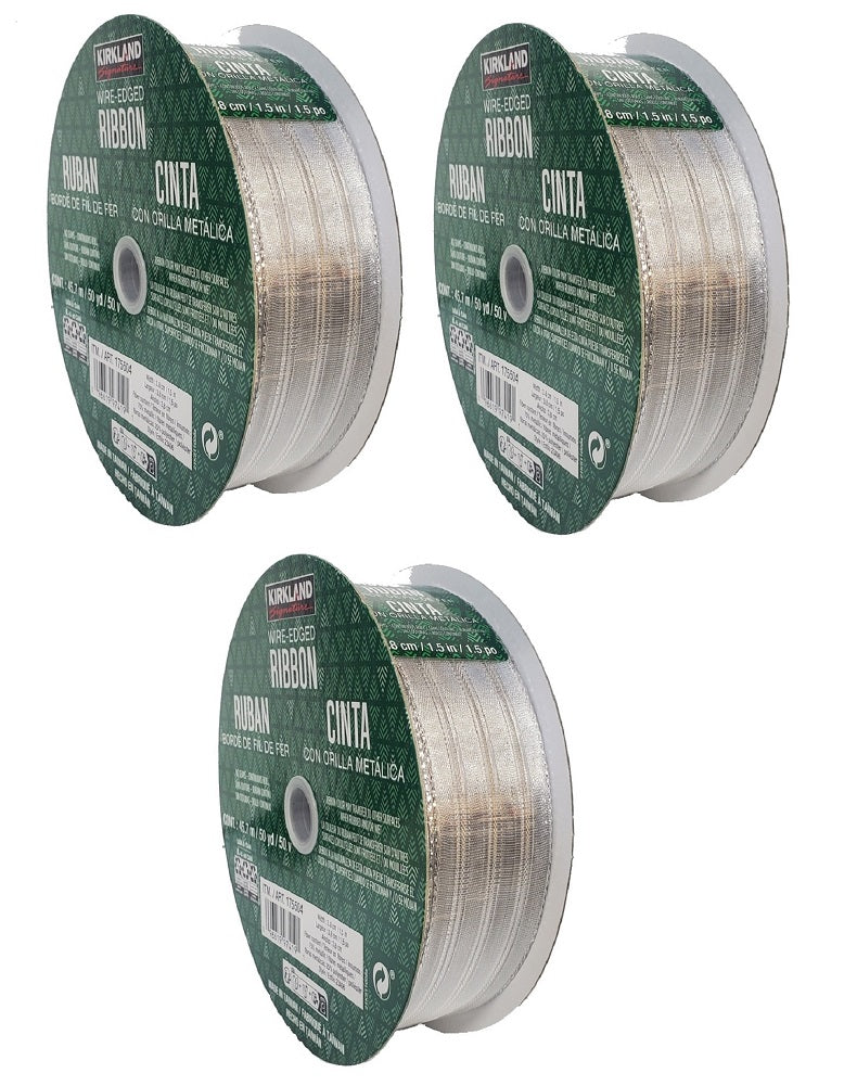 Kirkland Signature Wire Edged Metallic Silver Striped Ribbon 50yd X 1.5in (3-Pack)
