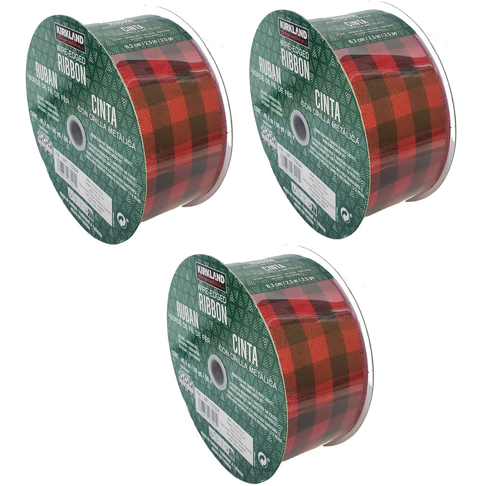 3-Rolls Kirkland Signature Wire Edged Red and Black Plaid Ribbon 50 Yd x 2.5 in