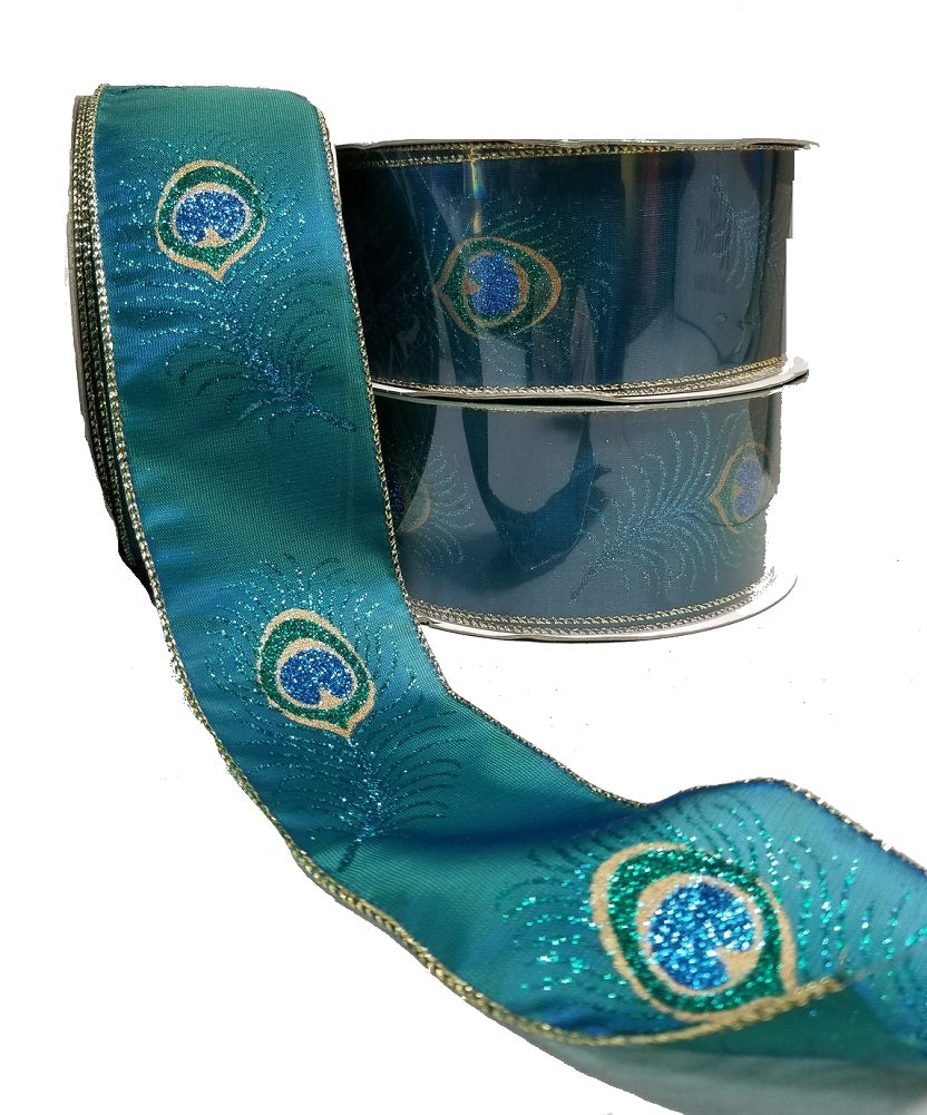 3 Whimsy Peacock Feather Emerald & Gold Wire Edge Premium Holiday Tree Decorating Bow Gift Wrapping Ribbon 2.5" x 50 yds