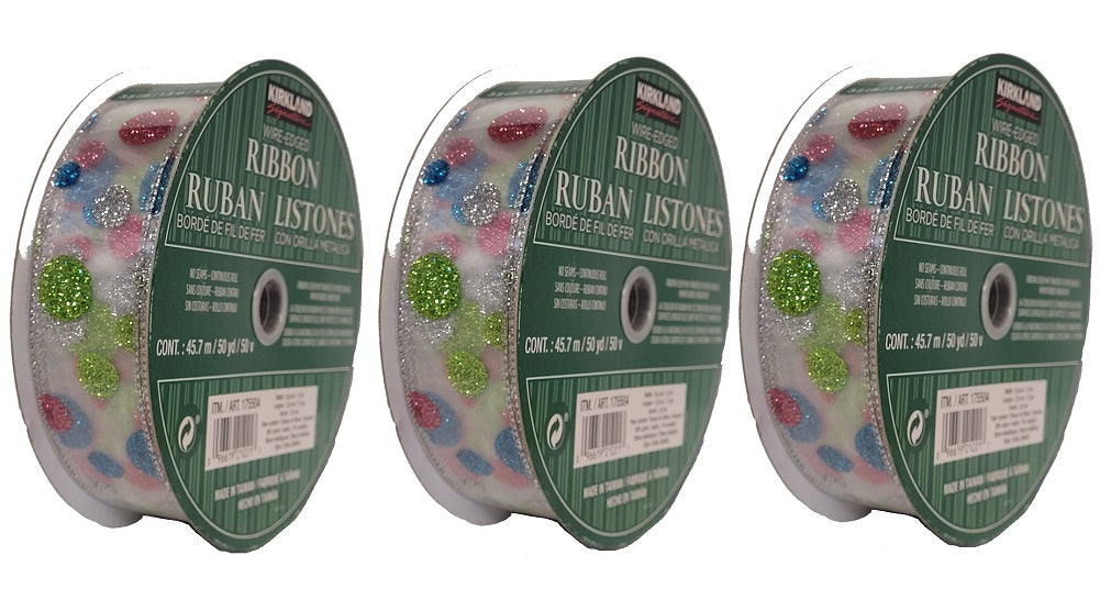3-Pack Kirkland Pink Green Blue Glitter Dots Sheer Wire Edge Ribbon 1.5 in x 50 Yd