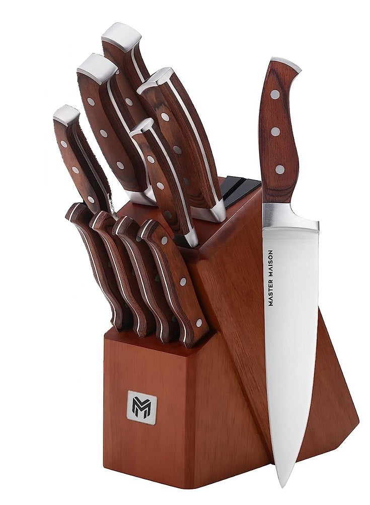 Supreme Series 11-Piece Wood Handle Knife Set in Walnut Block Integrated Sharpener
