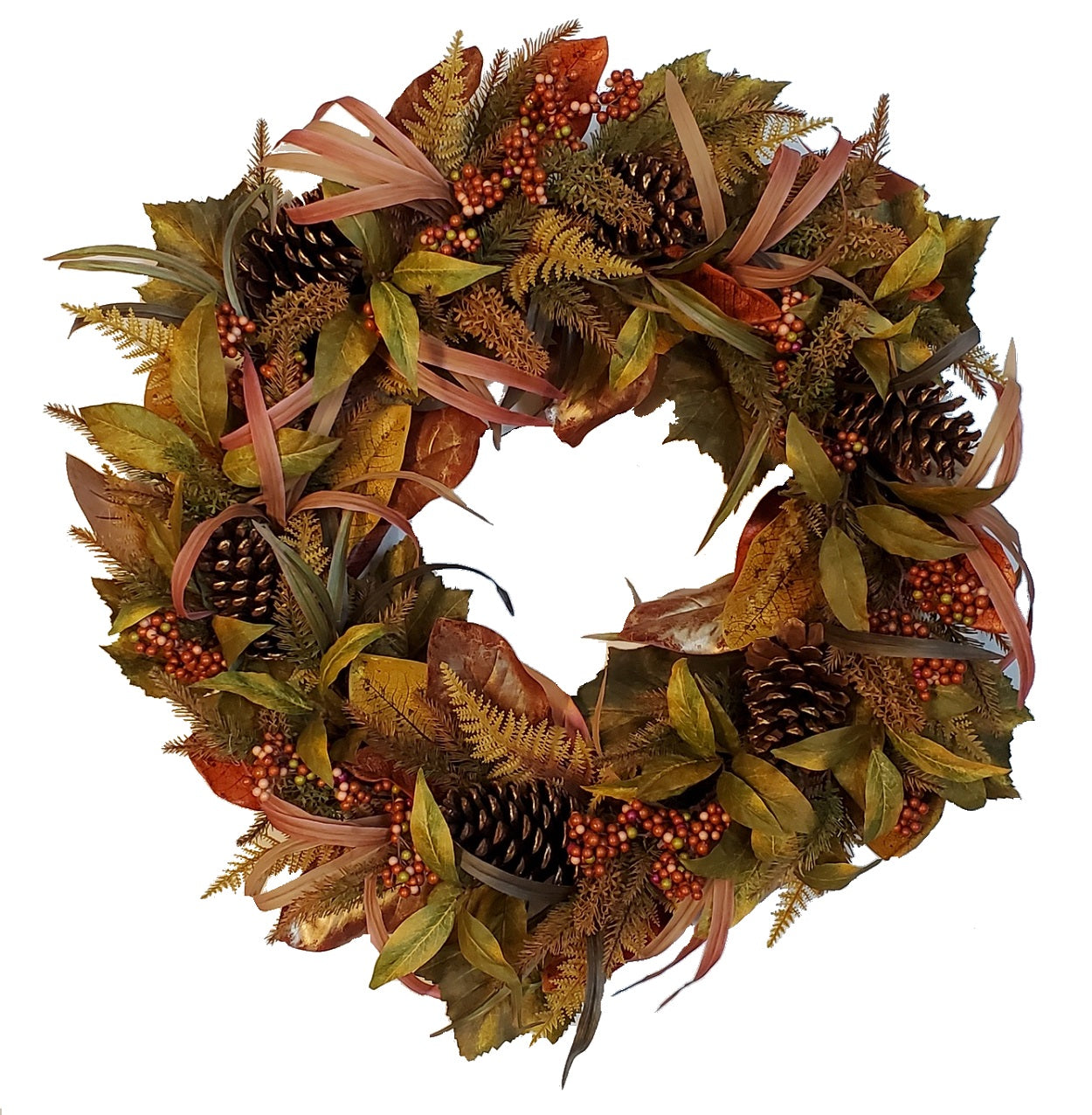 30-inch Harvest Decorated Artificial FERN Wreath with Pine Comes in Orange/Gold