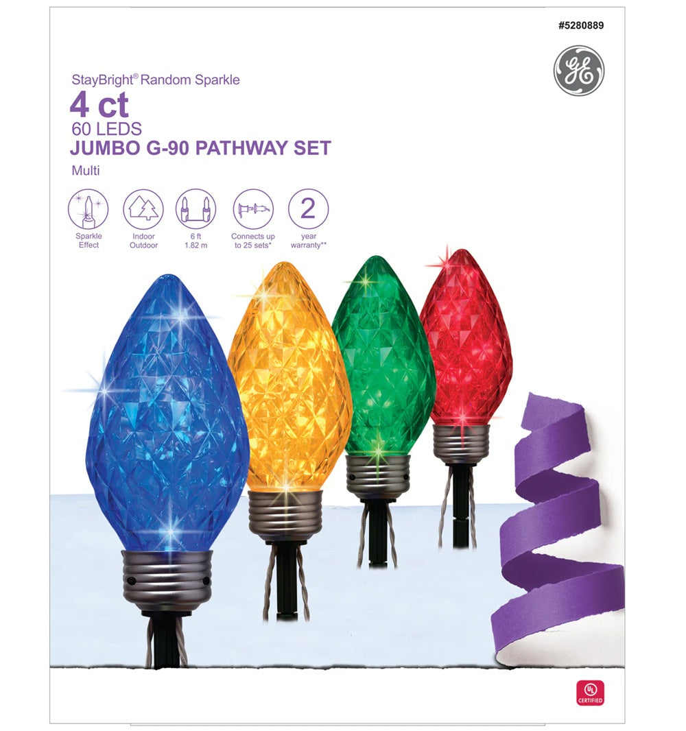 GE StayBright Random Sparkle 4-Count 60 LED Jumbo G-90 Pathway Set Mul ...
