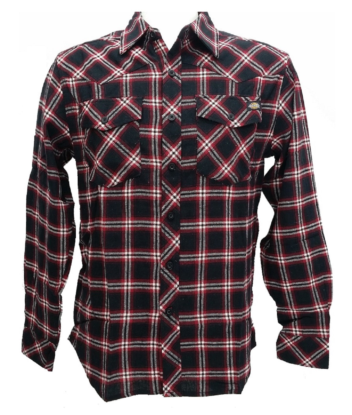 Dickies Men's Flannel Long Sleeve Button Down Shirt Black with Red, Small