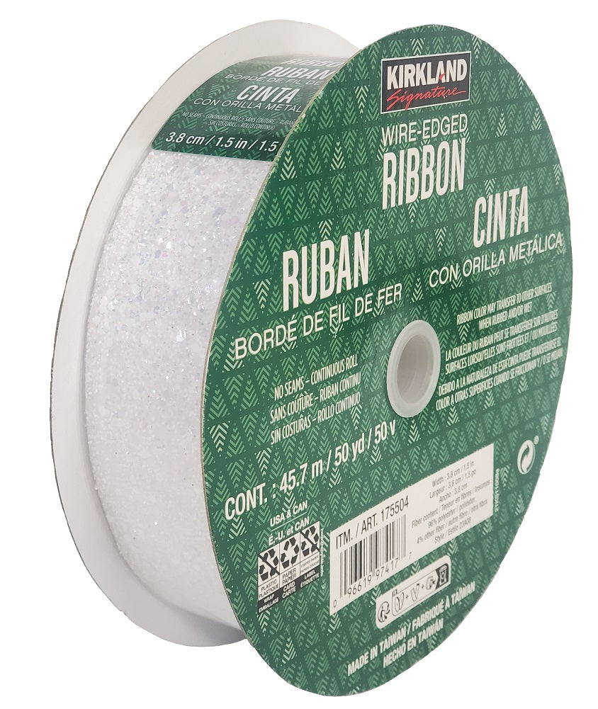 Kirkland Wire Edged Metallic White Glitter Mesh Ribbon 50 yard X 1.5 inches