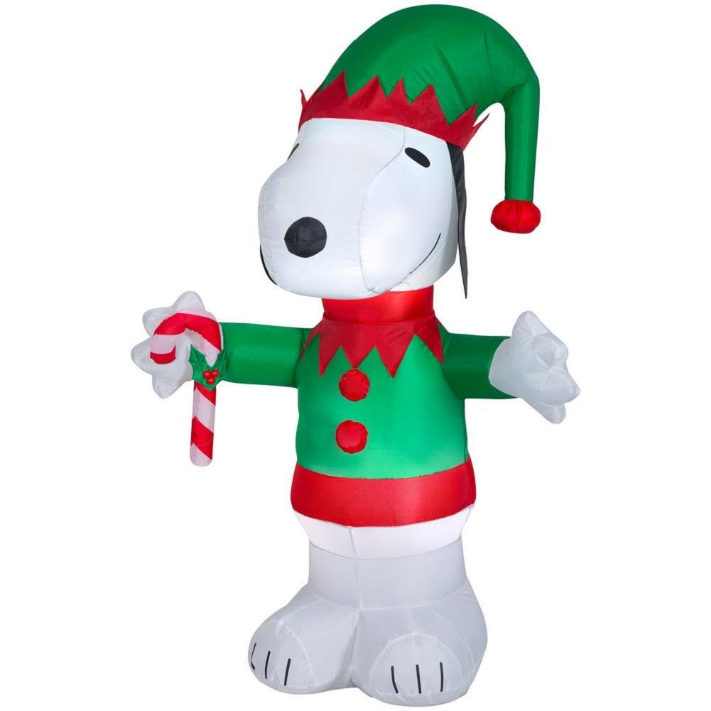 Gemmy 5 FT Tall Airblown Inflatable Peanuts Snoopy as Elf Holding a Candy Cane