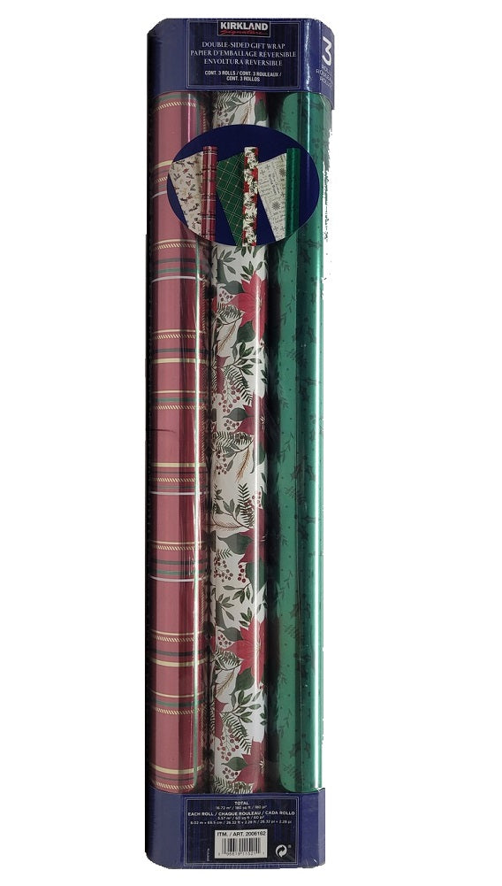 Double-Sided Holiday Gift Wrap Paper 180 Sq Ft 3-Pack Plaid/Poinsettia/Holly
