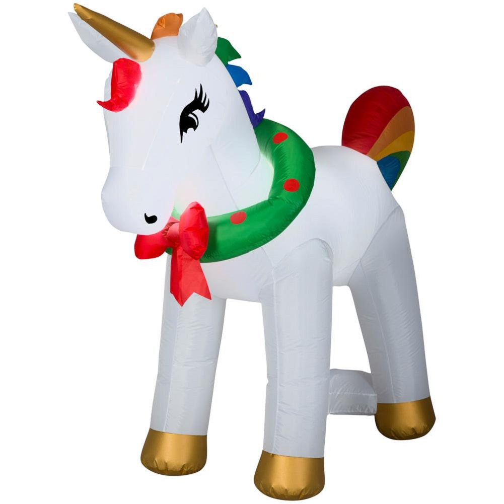 Home Accents Holiday 7.5 FT Pre-Lit Inflatable Unicorn with Wreath