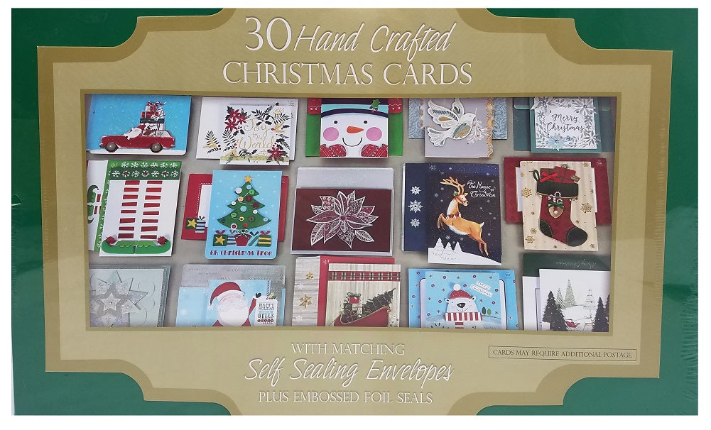 Hand Crafted 30-Count Christmas Cards with Self Sealing Embossed Foil Envelopes