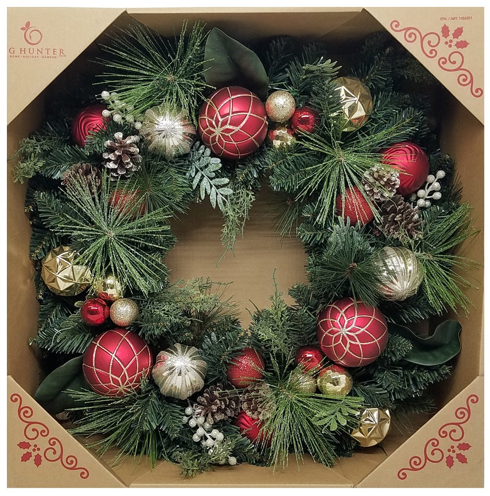 CG Hunter Holiday 30" Wreath Decorated with Pine Cones, Ornament & Greenery