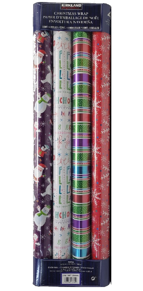 Kirkland Signature 4 Roll Christmas Gift Wrap 180 sq ft Total Purple/White/Multi/Red