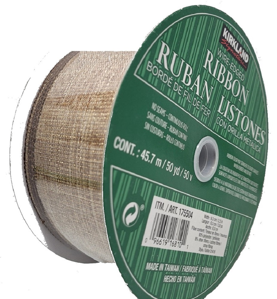 Kirkland Premium Metallic Golden Burlap Wire-Edged Ribbon 2.5-inch 50 Yards