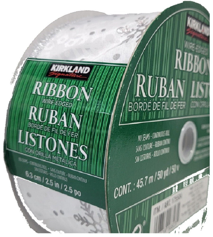 Kirkland Signature Wire-Edged Ribbon 2.5-inch White Falling Snowflakes 50 Yards