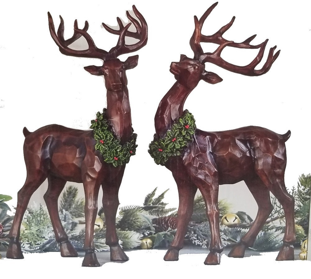 Decorative Wood Carved 19" Tall Reindeer Deer Set 2 Indoor Christmas Decoration