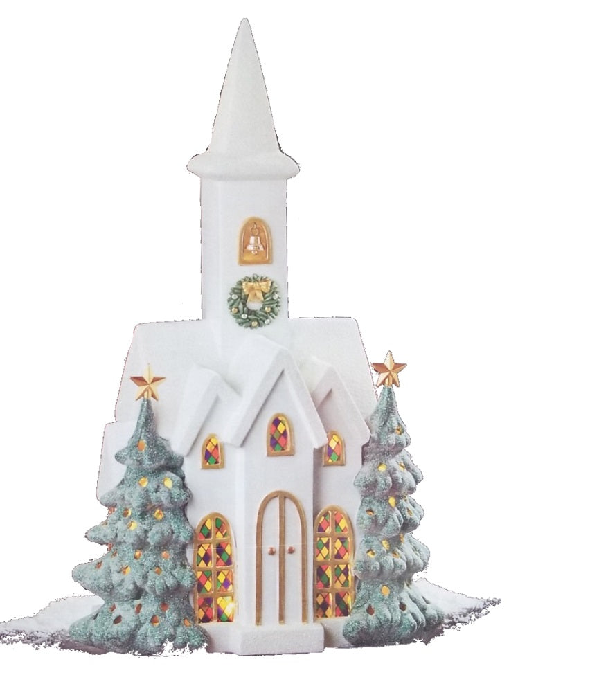 22" Snowy Church with LED Lights Christmas Display Decor