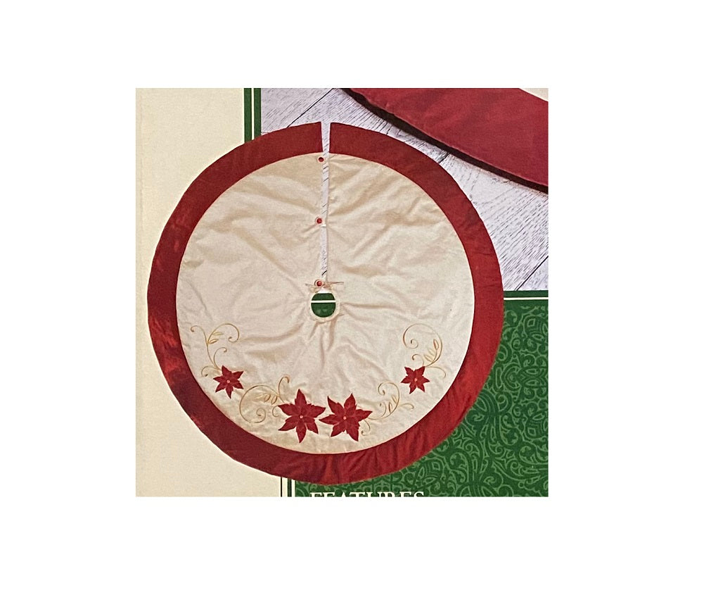 Adjustable Luxury Christmas Tree Skirt, Gold Skirt with Red Poinsettia