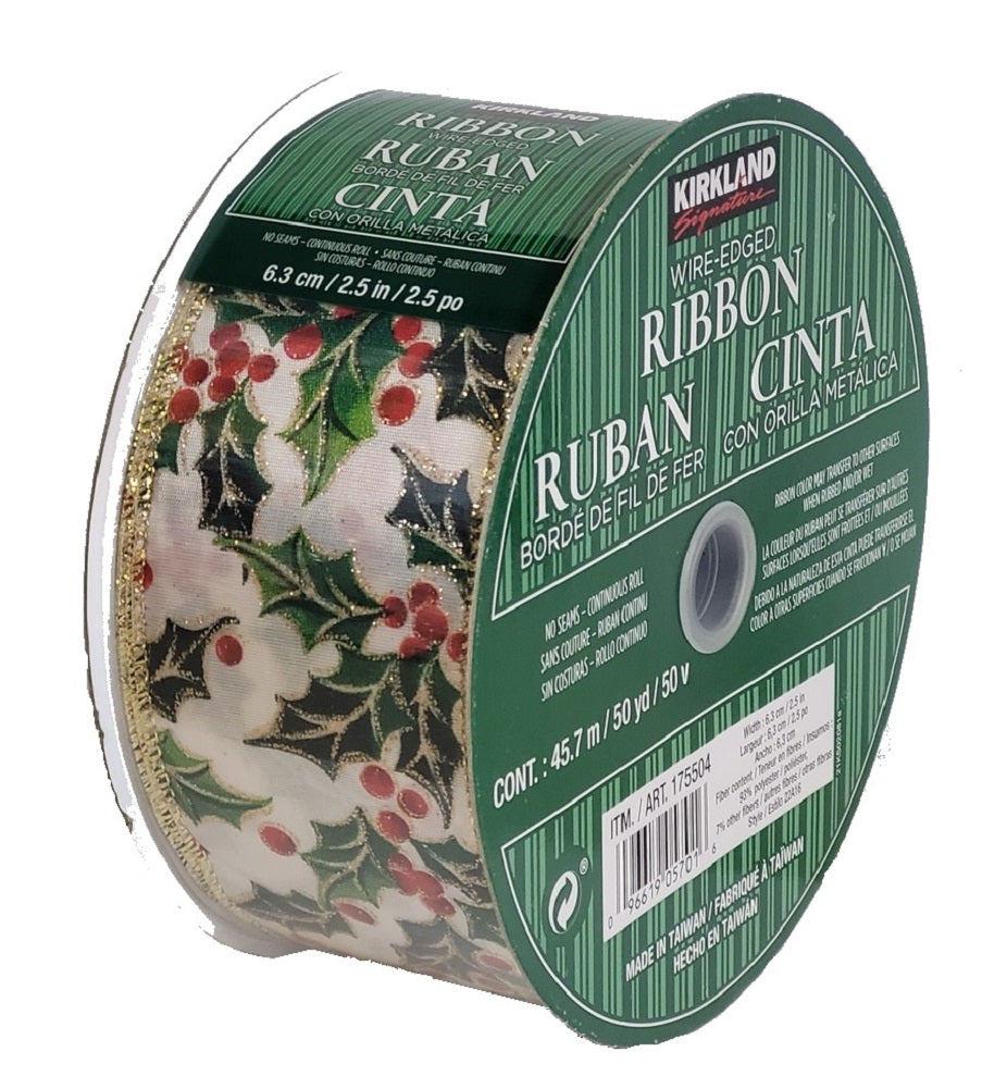 Kirkland Wire Edged Christmas Green Leaf & Red Holly Berry Ribbon 50 Yd x 2.5 in