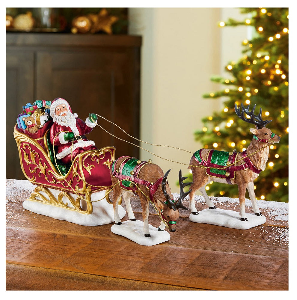 9 Inch Tabletop Santa, Sleigh And Reindeer Christmas Decoration